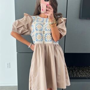 Beige Crochet Bodice Puff Sleeve Dress